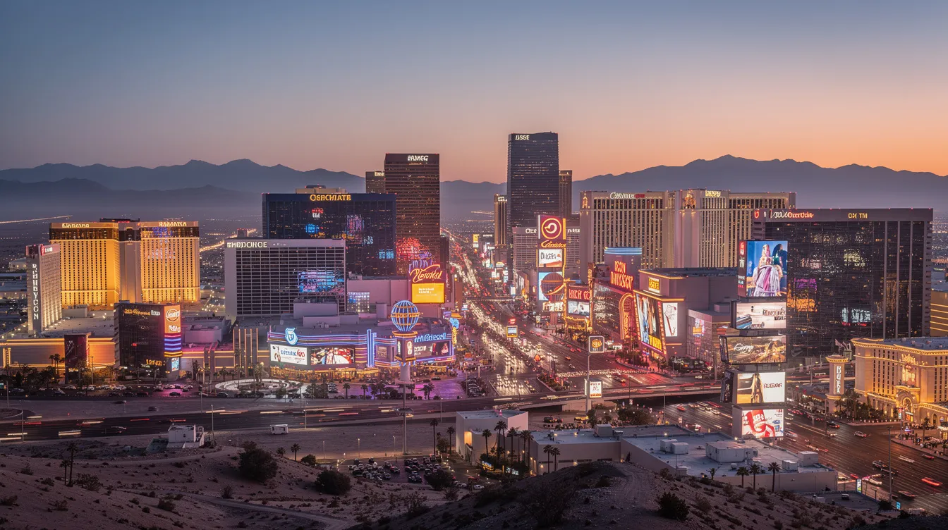 The image captures the vibrant Las Vegas skyline at dusk, illuminated by colorful neon lights, with a backdrop of the arid desert landscape. This scene reflects the energy of the entertainment capital, showcasing the iconic Las Vegas Strip as the sun sets.
