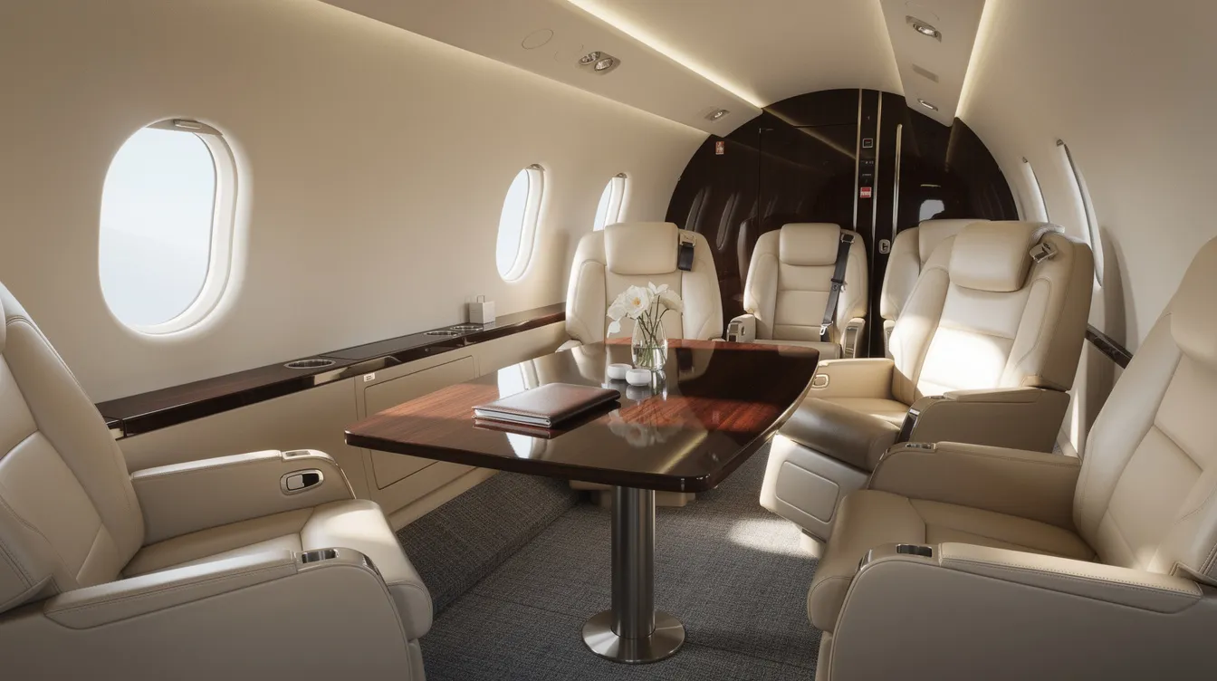 The image depicts the luxurious interior of a midsize private jet cabin, featuring plush leather seats and a polished wood table, designed for comfort and elegance during private jet travel. This inviting space exemplifies the experience of private flights from Chicago to Las Vegas, offering a serene environment for passengers.