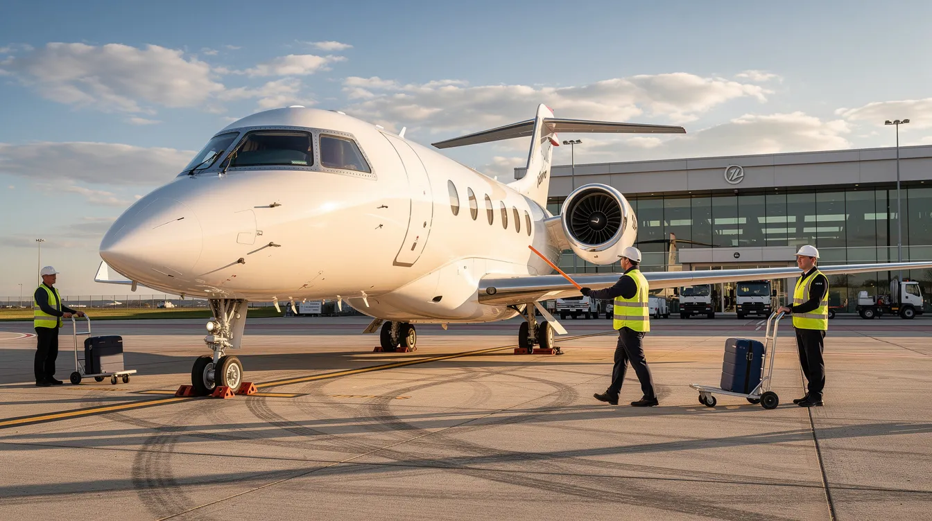 A private jet is parked on the tarmac at an FBO, with ground crew nearby preparing for its next private flight to Las Vegas. The scene highlights the convenience and luxury of private jet travel, emphasizing the efficiency of charter flights from major airports like Chicago Midway International Airport to Harry Reid International Airport in Las Vegas.