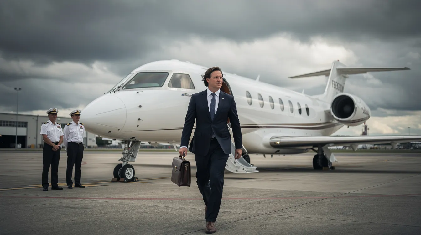 A sleek private jet stands on the tarmac under a cloudy sky, with a CEO confidently walking towards it while pilots wait on the side, ready for the business aviation flight. This scene captures the essence of corporate travel, emphasizing the importance of safety and efficiency in aircraft operations.