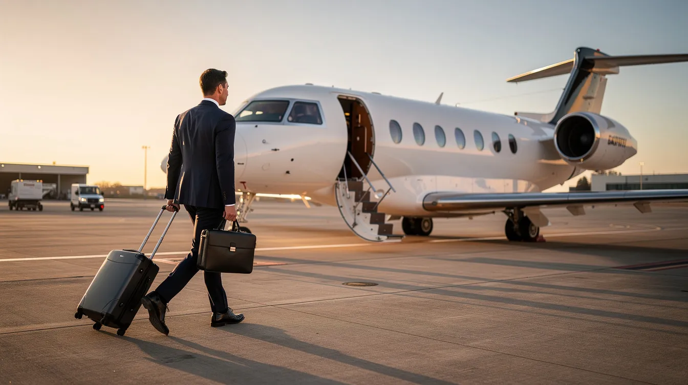 A business traveler is walking towards a midsize private jet on the airport apron, ready to embark on a journey with innovative private aviation companies like Sentient Jet. The scene captures the essence of business air travel, highlighting the convenience and luxury of flying private.