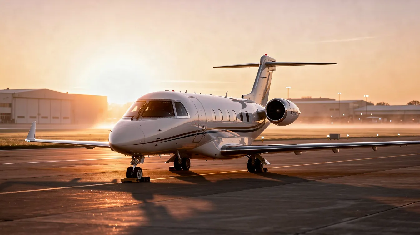 A sleek light jet is parked on a private airport tarmac, bathed in the warm glow of sunrise, symbolizing the elegance of private aviation. This scene captures the essence of luxury travel, highlighting the innovative services offered by companies like Sentient Jet, known for their outstanding service heritage and commitment to safety.