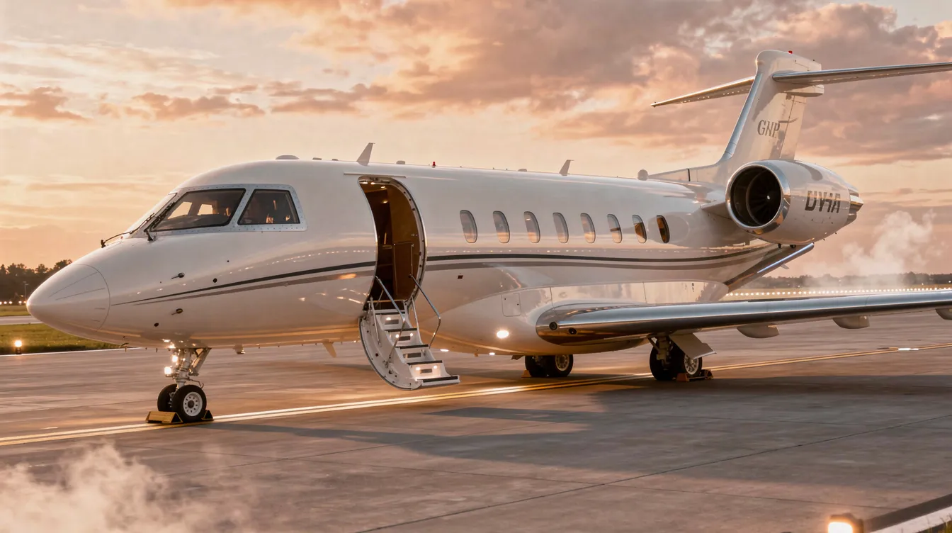 The image depicts a sleek private jet parked on a tarmac, symbolizing the luxury and convenience of private aviation. With its modern design and spacious cabin, this executive aircraft represents the outstanding service heritage of innovative private aviation companies like Sentient Jet, offering clients a unique travel experience with personalized safety checks and dedicated access through their jet card programs.