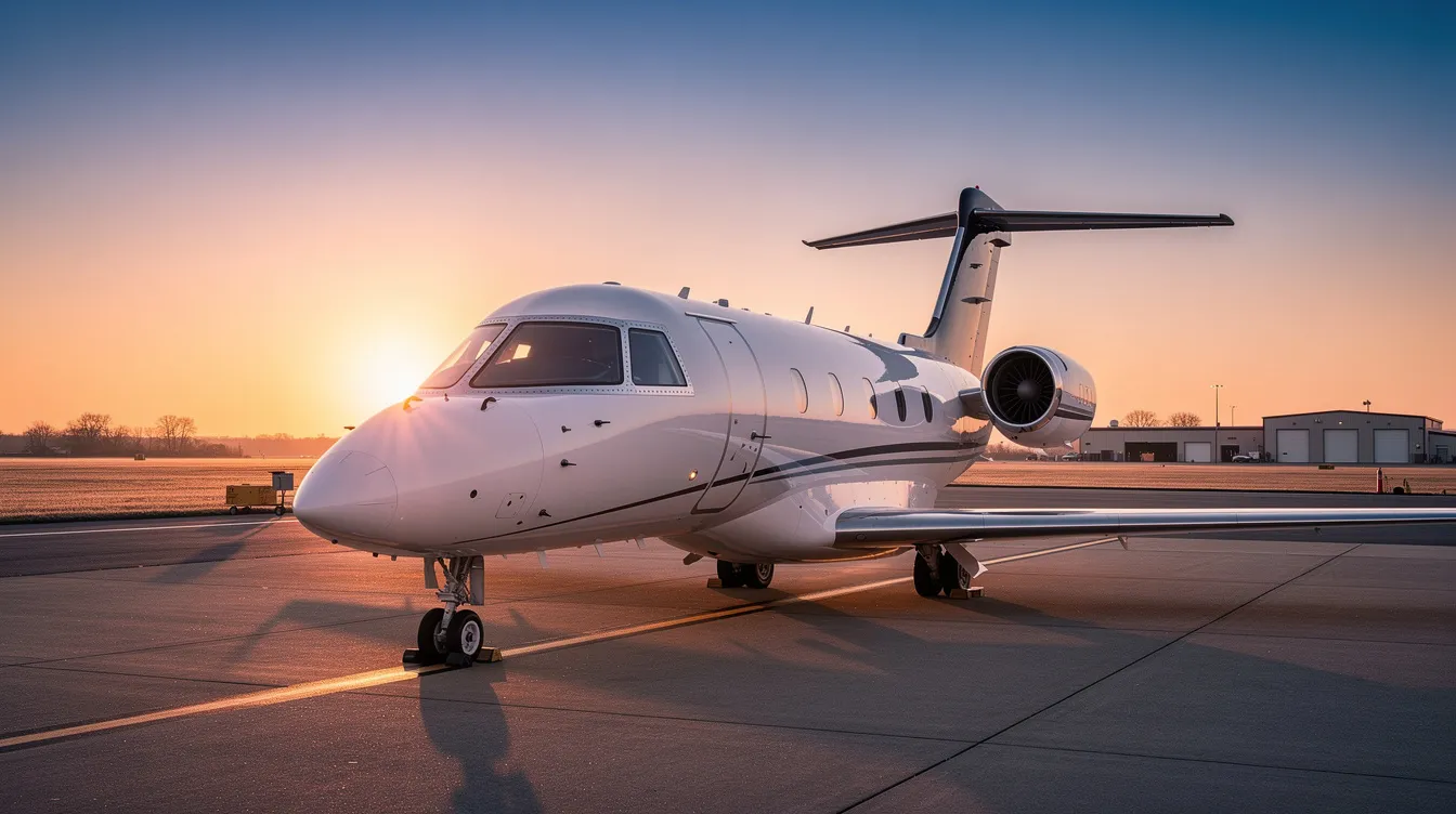 A light business jet is parked on the tarmac of a regional airport at sunrise, with a flat Midwest landscape stretching into the distance. This scene highlights the essence of private aviation, showcasing the aircraft's sleek design and the tranquil morning light that envelops the area.