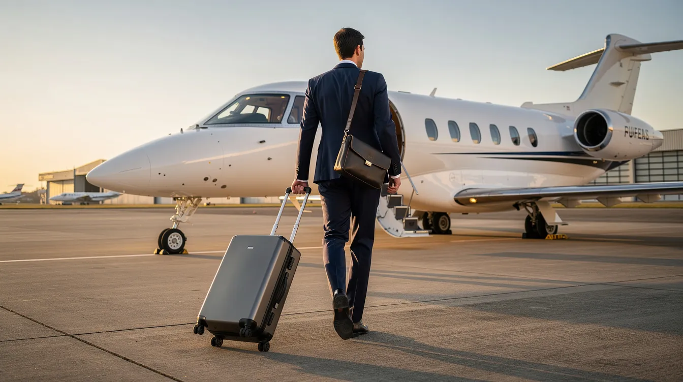 A business professional is walking toward a small private jet on an airport ramp, pulling rolling luggage behind them. This scene captures the essence of private aviation, highlighting the details that matter in travel and the commitment to efficient operations.