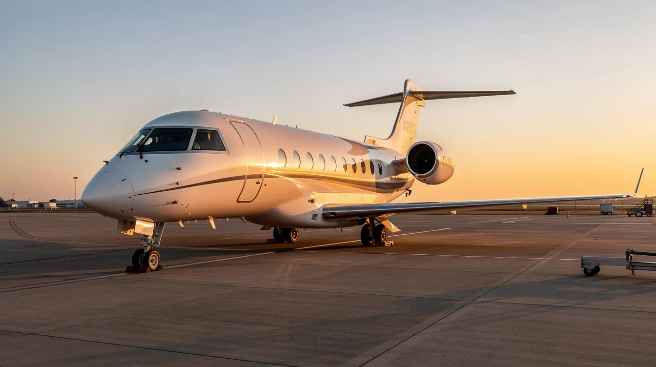 A sleek modern private jet is parked on the airport tarmac during golden hour, with a clear blue sky in the background, showcasing the luxury and convenience of private aviation. This image represents the allure of private jet travel, emphasizing the comfort and flexibility that comes with flying in a private aircraft.