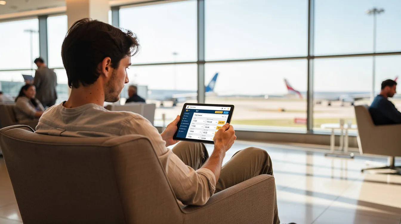 A traveler is seated in an airport lounge, focused on a tablet device as they browse various flight options for private jet travel. The scene captures the convenience and luxury of accessing flexible trip options and competitive pricing in the private aviation market.