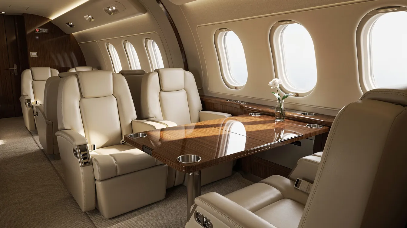 The image depicts the interior cabin of a midsize private jet, featuring plush leather seats arranged around a small table, with natural light streaming in through the windows, creating a luxurious atmosphere for passengers. This setting exemplifies the comfort and elegance associated with private aviation and private jet travel.