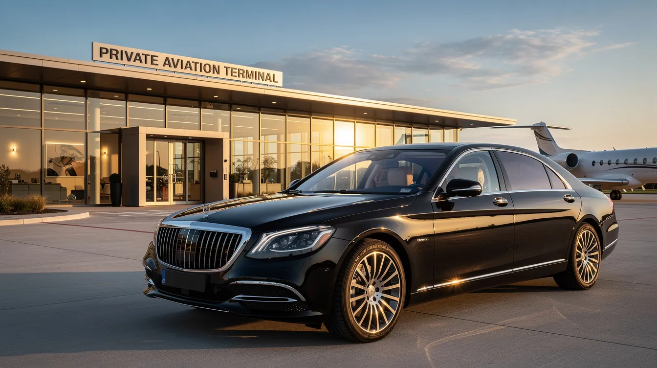 A sleek black luxury sedan is parked in front of a modern private aviation terminal building, highlighting the convenience of private jet travel. This setting emphasizes the comfort and exclusivity associated with accessing private aircraft for travelers.