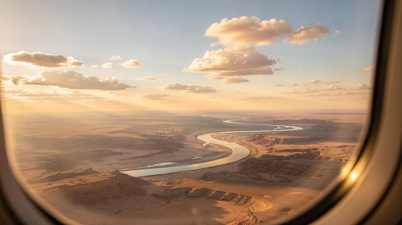 The image shows a breathtaking view from an airplane window, capturing a vast desert landscape illuminated by the golden hour light, with a winding river snaking through the terrain and scattered white clouds dotting the sky. This scene reflects the beauty of flight and the excitement of aviation, inviting aspiring pilots to pursue their dreams in flight training.