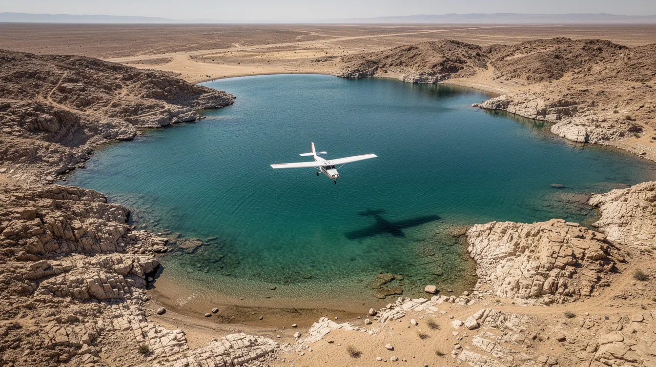 An aerial view captures a serene desert lake with clear blue water, bordered by a rugged rocky shoreline, while a small airplane flies overhead, symbolizing the excitement of flight training and aviation. This picturesque scene reflects the beauty of Lake Havasu, inviting aspiring pilots and students to pursue their dreams in the world of flight.