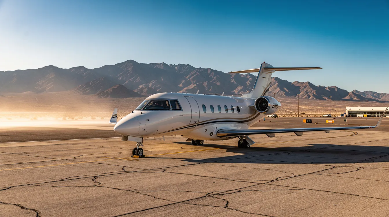 A small private jet is parked on a desert airport tarmac, with majestic mountains in the background under a clear blue sky. This scene captures the essence of aviation, perfect for aspiring pilots and students pursuing their dreams in flight training.