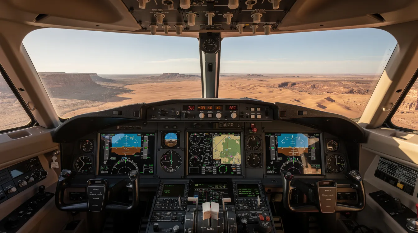 The image depicts the interior of a cockpit with advanced glass panel avionics displays and instrument gauges, showcasing a flight over expansive desert terrain. This setting reflects the excitement of flight training, highlighting the precision and technology that pilots experience during their aviation journey.