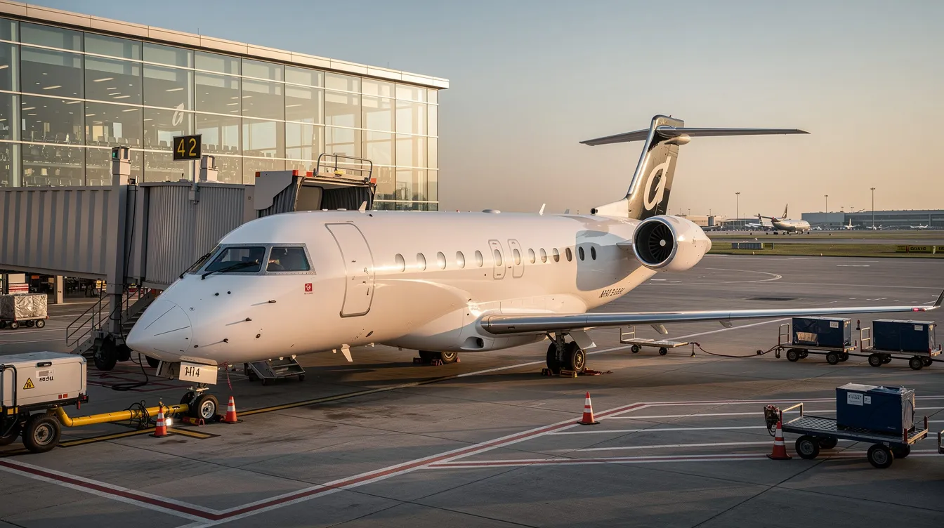 A Sukhoi Superjet 100, a twin-engine regional passenger jet, is parked at a gate at a modern airport terminal, ready for boarding. The aircraft, developed by Sukhoi Civil Aircraft and operated by various airlines, is designed for medium haul routes and offers a cost-effective solution for commercial flights.