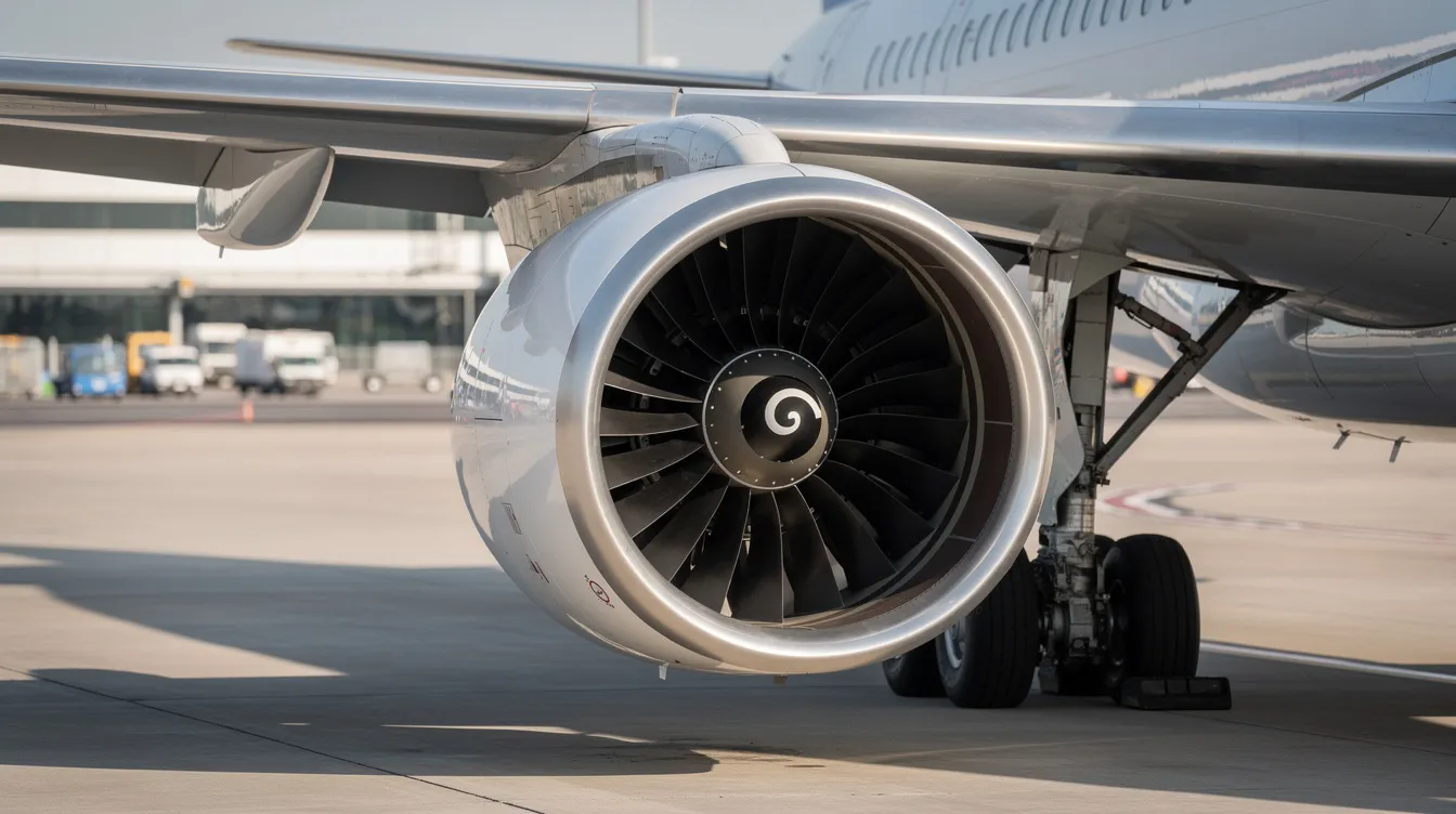 The image features a close-up view of a modern turbofan engine mounted under the wing of a commercial passenger aircraft, specifically highlighting the design typical of the Sukhoi Superjet 100. This engine is part of the aircraft's advanced propulsion system, aimed at providing efficient performance for regional flights operated by various airline operators.