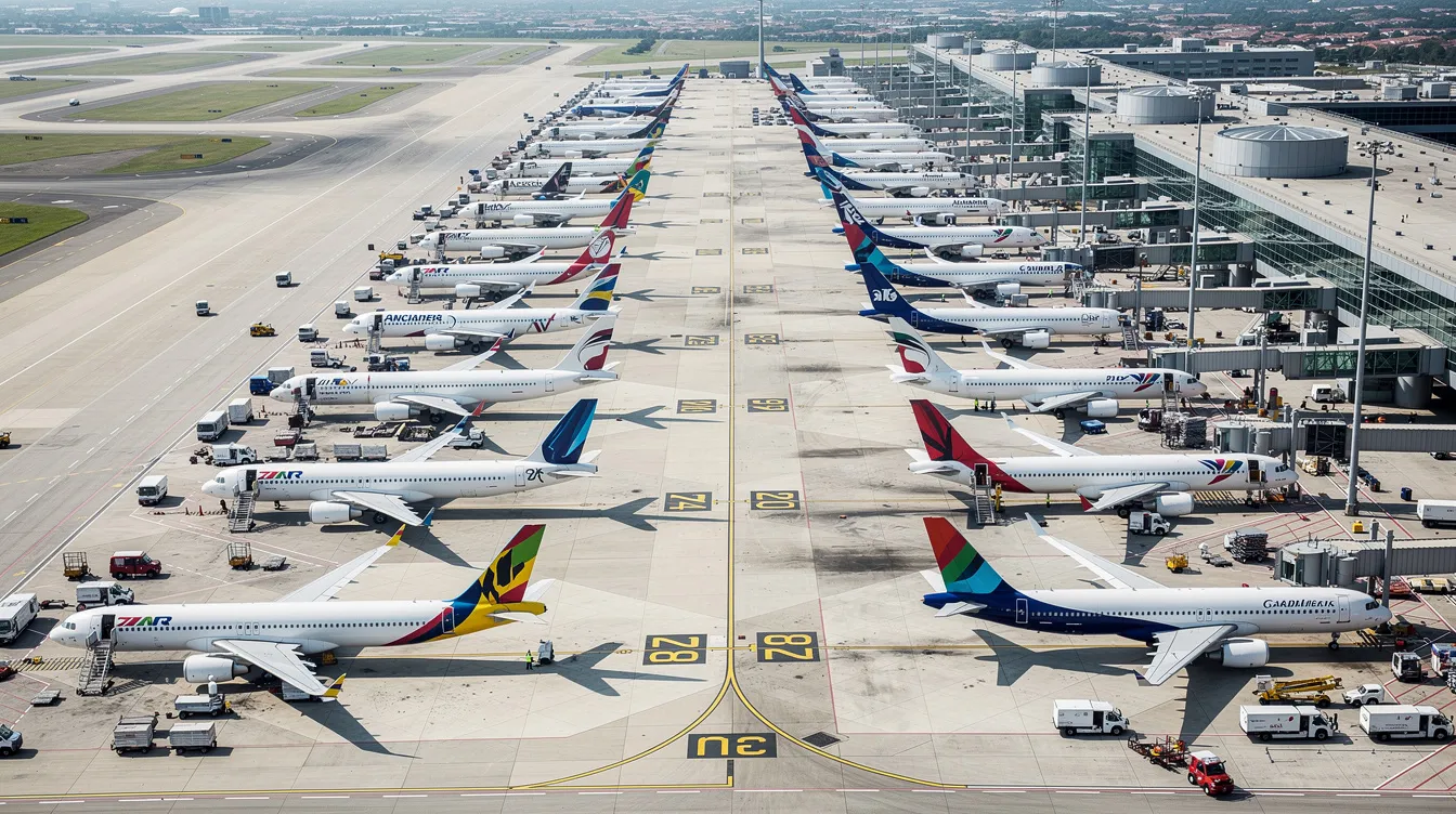 An aerial view captures multiple commercial aircraft, including Sukhoi Superjet 100s, parked in organized rows at a busy airport apron, showcasing the hustle of airline operators and the vibrant activity of regional jets preparing for flight. The scene highlights the diverse fleet of airliners ready for their next commercial service.