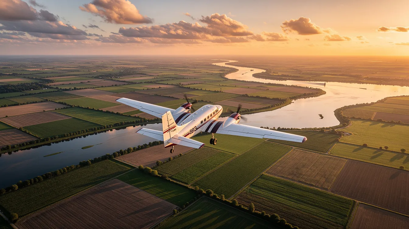 A small twin-engine aircraft, resembling an Aero Commander, soars gracefully over a vibrant patchwork of farmland and winding rivers, illuminated by the warm hues of sunset. The scene captures the essence of flying, showcasing the aircraft's sleek design against a picturesque landscape.