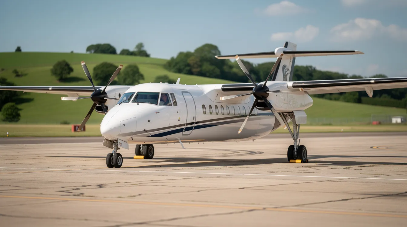A twin-engine turboprop aircraft, specifically an Aero Commander, is parked on the tarmac of a small regional airport, with lush green hills providing a scenic backdrop. The airplane's sleek design and sturdy build are highlighted against the serene landscape, showcasing its readiness for flight.