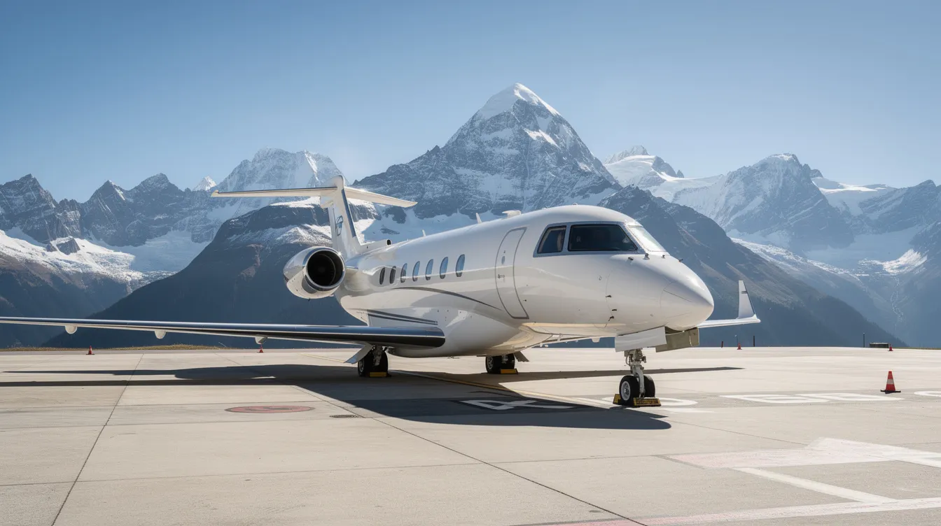 A sleek private jet is parked on the ramp of a mountain airport, with stunning snow-capped peaks towering in the background under a clear blue sky. This picturesque scene showcases the beauty of jet aviation in southwest Montana, near Bozeman Yellowstone International Airport, offering quick access to exclusive destinations like Yellowstone Park and Paradise Valley.