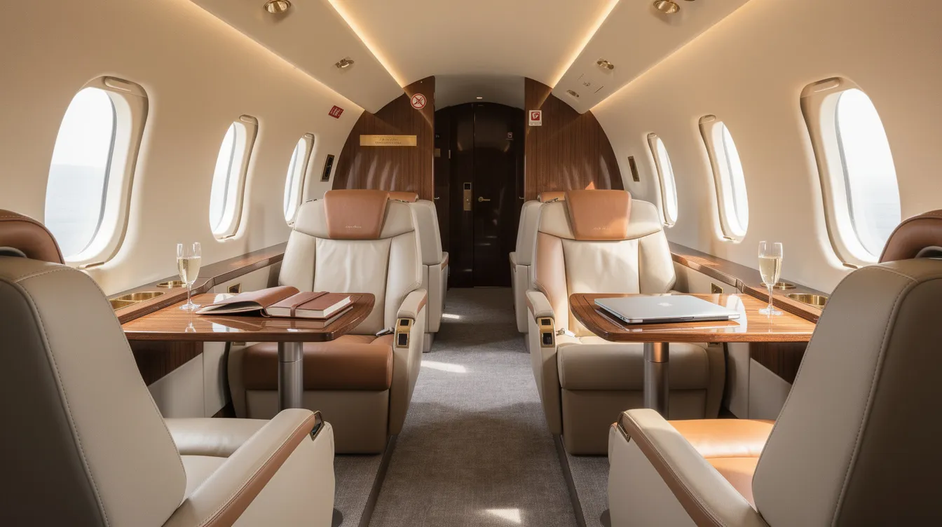 The image depicts the interior of a midsize private jet cabin featuring plush leather seats and small tables, illuminated by natural light streaming through oval windows. This luxurious space is designed for comfort and convenience, making it ideal for passengers traveling to exclusive destinations like those accessible from Bozeman Yellowstone International Airport.