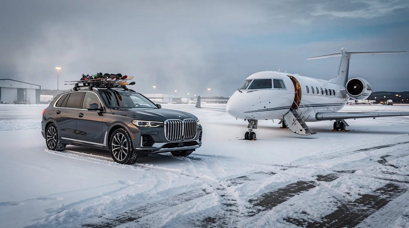 An SUV with ski racks is parked next to a private jet on the airport ramp, surrounded by a snowy landscape typical of winter in southwest Montana. This scene captures the essence of jet aviation at Bozeman Yellowstone International Airport, highlighting the convenience of accessing exclusive destinations amidst beautiful scenery.