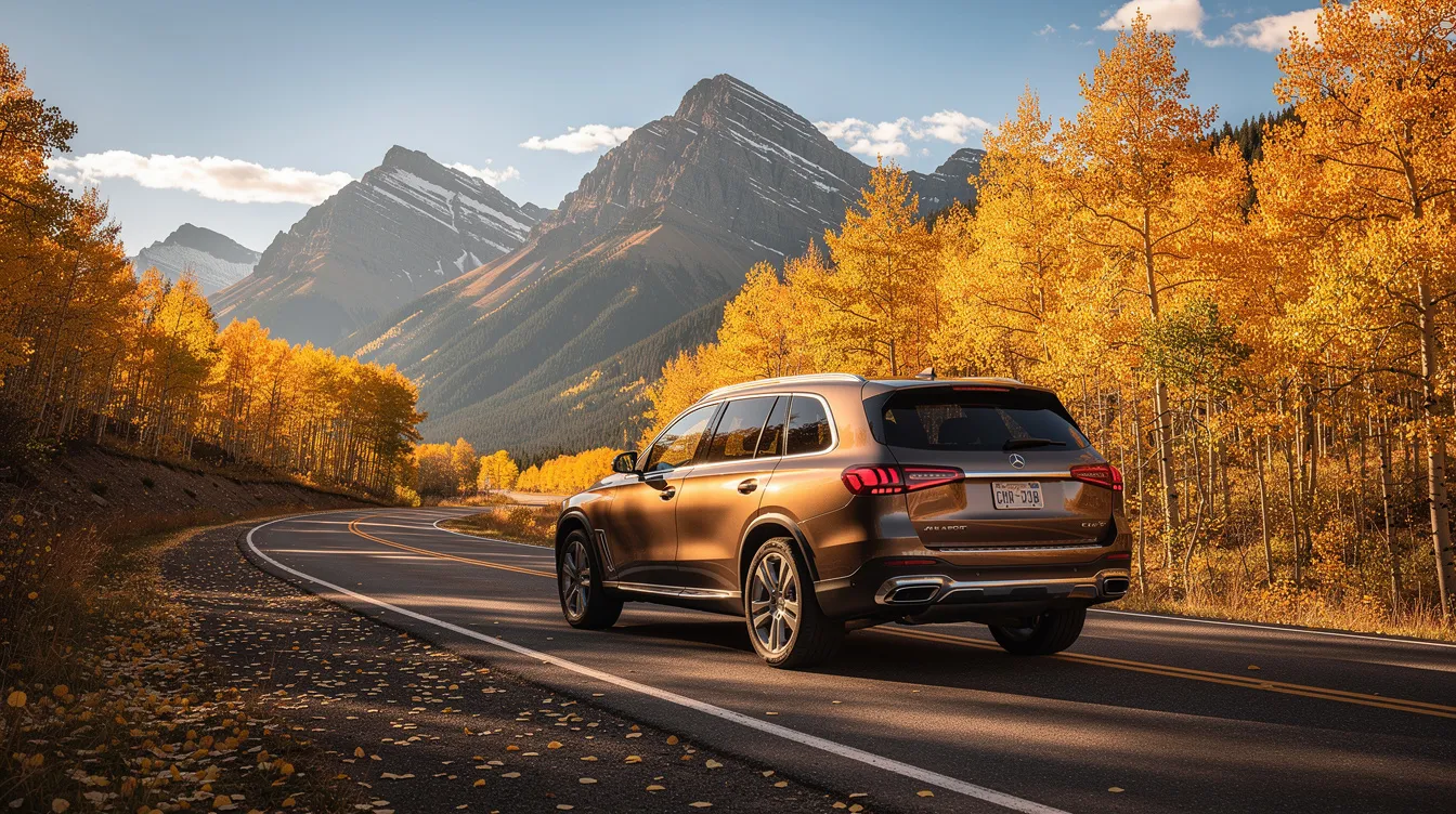 A luxury SUV navigates a winding mountain road in Montana, surrounded by vibrant golden aspen trees and majestic mountain peaks, showcasing the beautiful scenery of the region during autumn. This picturesque drive highlights the natural beauty of southwest Montana, making it an ideal journey for those exploring exclusive destinations like Yellowstone Park.