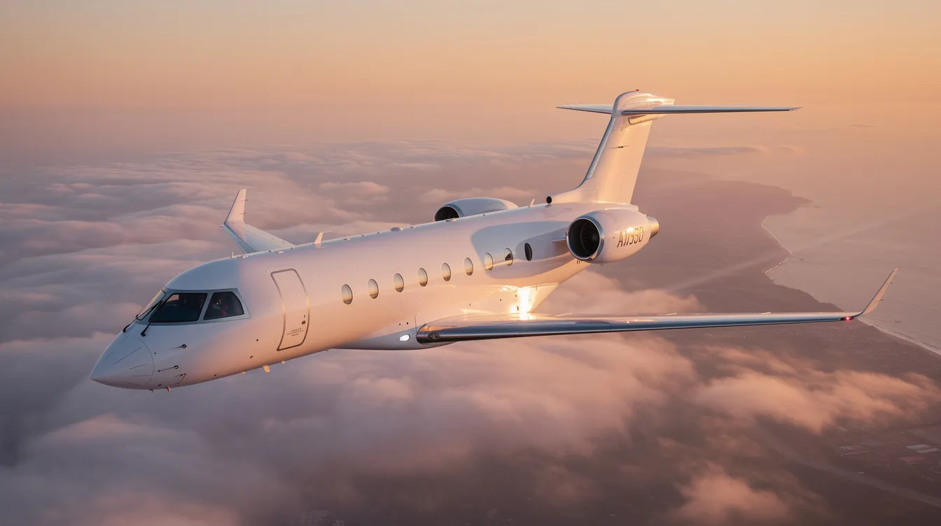 The image depicts a sleek private jet preparing for takeoff at Oakland County International Airport, symbolizing the luxury and efficiency of Royal Air Freight Inc's aviation services. The aircraft is part of a modern fleet that caters to clients seeking expedited air freight solutions across North America, including Canada and Mexico.