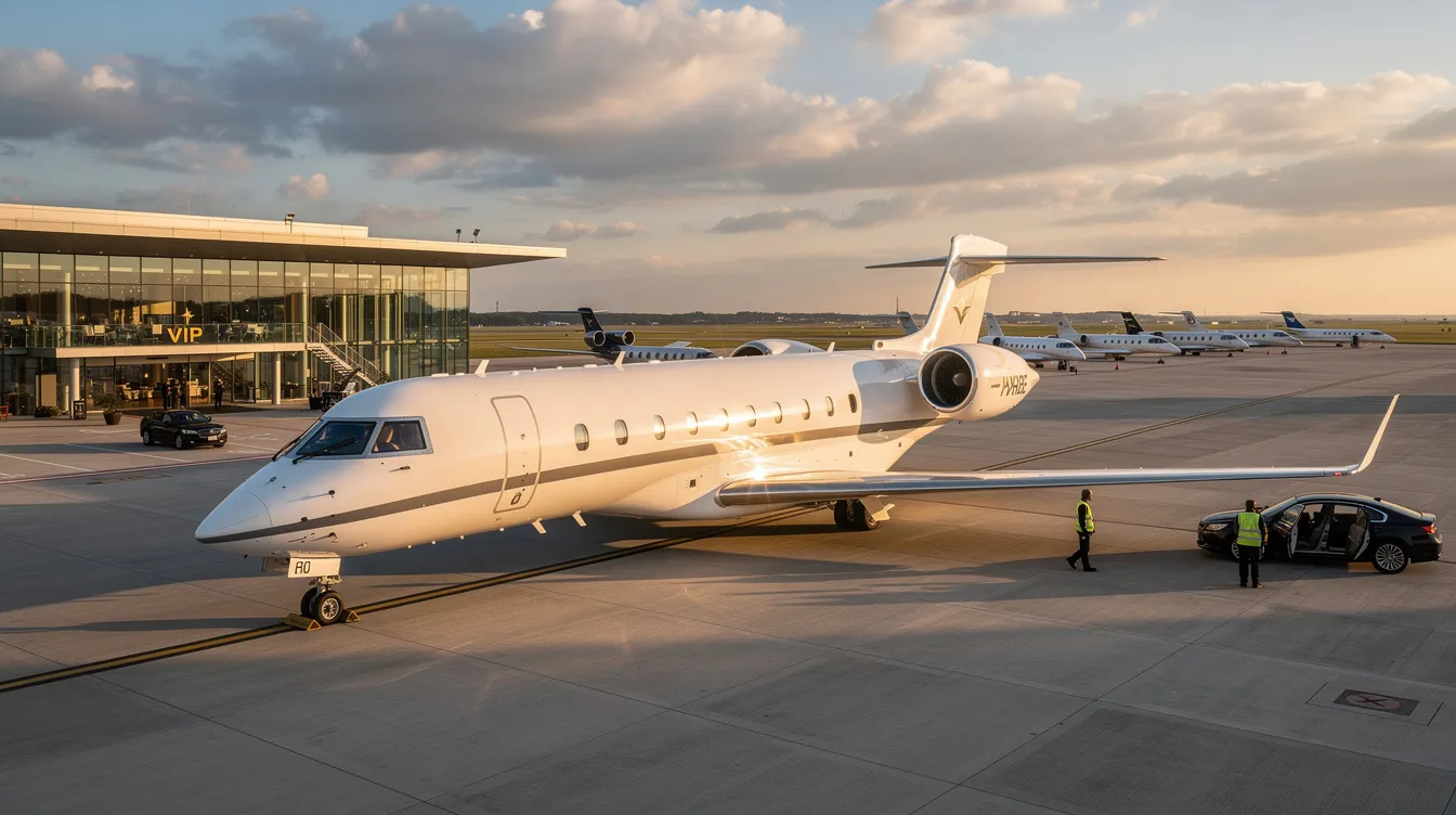 The image depicts a sleek private jet preparing for takeoff at Oakland County International Airport, symbolizing the luxury and efficiency of Royal Air Freight Inc's aviation services. The aircraft is part of a modern fleet that caters to clients seeking expedited air freight solutions across North America, including Canada and Mexico.