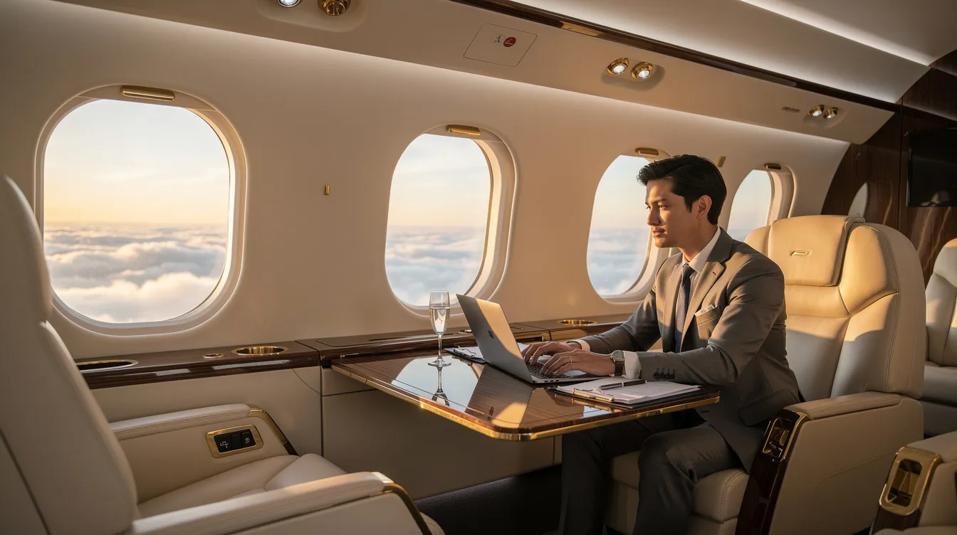 The image depicts a sleek private jet preparing for takeoff at Oakland County International Airport, symbolizing the luxury and efficiency of Royal Air Freight Inc's aviation services. The aircraft is part of a modern fleet that caters to clients seeking expedited air freight solutions across North America, including Canada and Mexico.