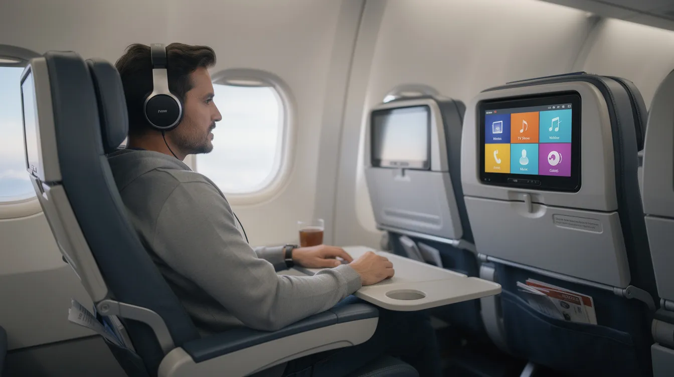 A passenger is comfortably relaxing in a delta comfort seat on an airplane, with a personal screen displaying a variety of entertainment options for long haul international flights. The seat offers extra legroom and is designed for enhanced comfort, making it ideal for long journeys.