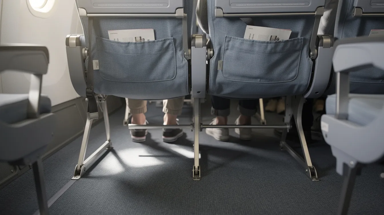 The image shows a close-up view of an airplane passenger's legs, highlighting the extra legroom available between seat rows, which is particularly beneficial for long haul international flights. The spaciousness suggests a level of comfort that enhances the flying experience, especially for those in delta comfort seats.