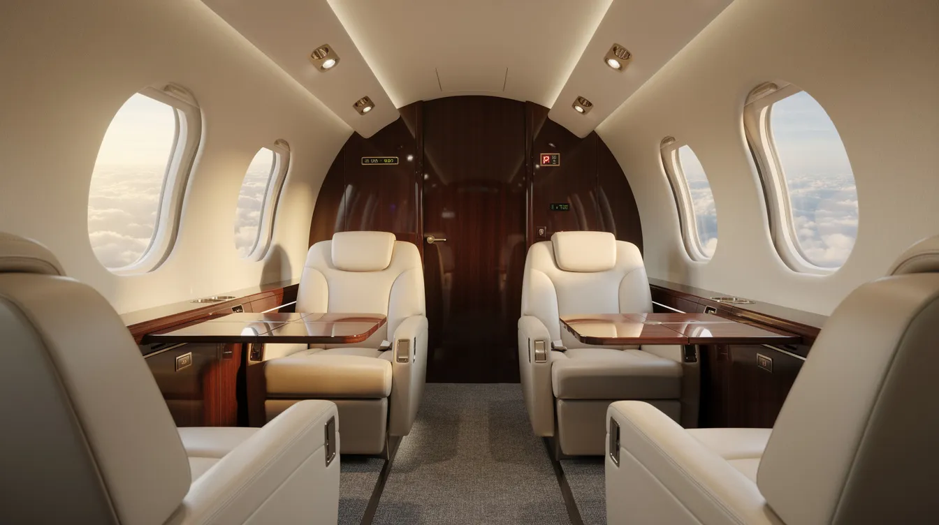 The image depicts the luxurious interior of a private jet, featuring wide leather club seats arranged in a spacious cabin, ideal for long haul international flights. The design emphasizes comfort, with ample legroom and dedicated overhead bin space, creating an upgraded experience for first class passengers.