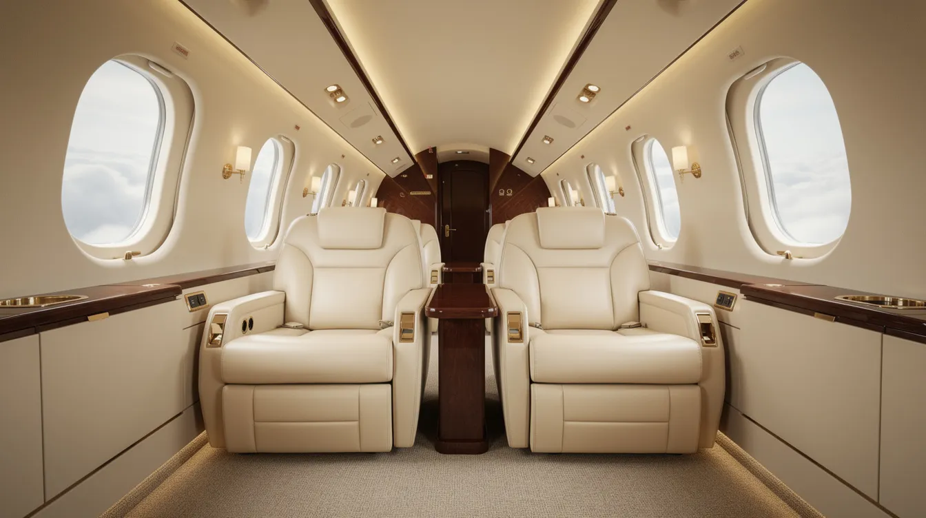 The image depicts a luxurious private jet interior featuring cream leather club-style seats arranged around a small table, emphasizing comfort and elegance. The spacious seats provide generous legroom, creating a relaxing atmosphere for passengers.