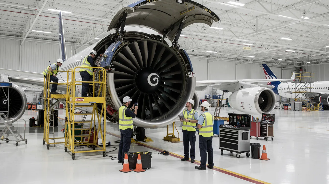 The image depicts a bright and spacious aircraft maintenance hangar where technicians are diligently inspecting a large commercial jet engine, highlighting the meticulous care taken in aircraft maintenance by Delta Air Lines. This setting reflects the company's commitment to ensuring the safety and reliability of their fleet for travelers across their international network.