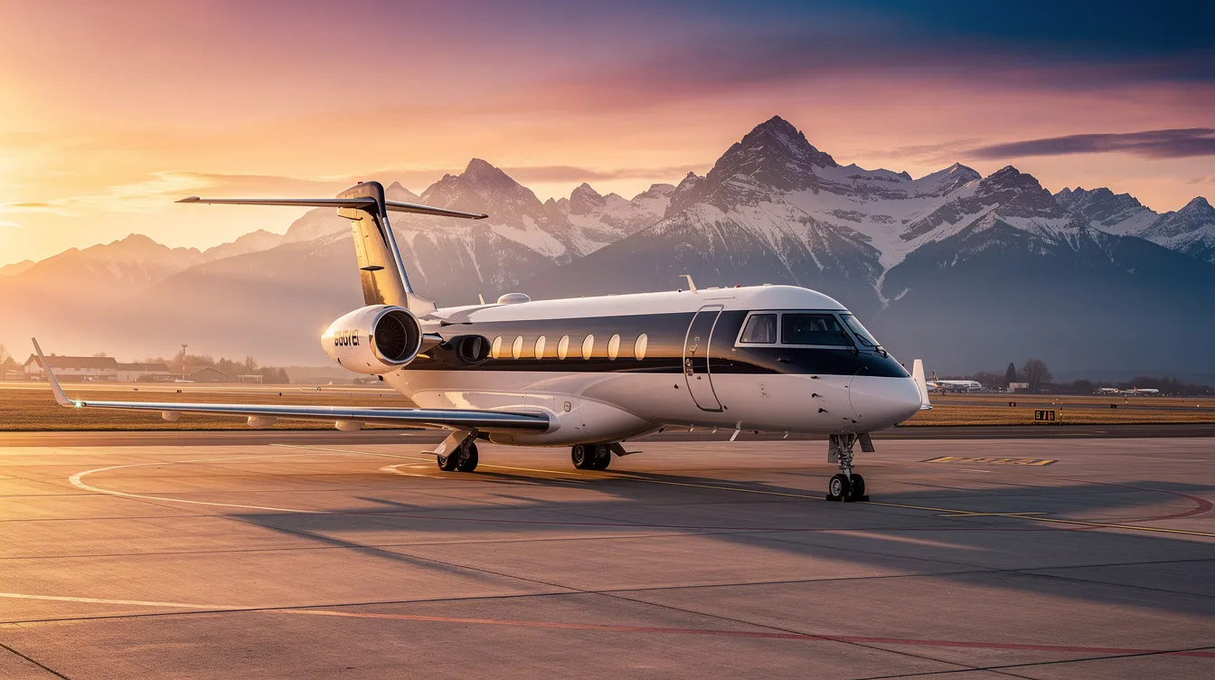 A sleek private jet is parked on a small airport tarmac at sunset, with stunning mountains in the background, symbolizing luxury travel and the journey of Delta Air Lines. The warm hues of the sky reflect on the aircraft, highlighting its design and the serene atmosphere of the setting.