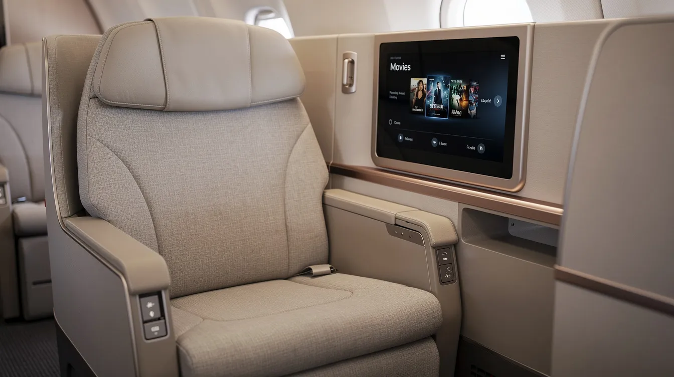 A close-up view of a spacious Delta first class seat showcases its generous seat width, comfortable armrests, and a personal screen for entertainment. The seat is designed for first class passengers, offering amenities like USB in-seat power and extra legroom, making it ideal for long haul international flights.