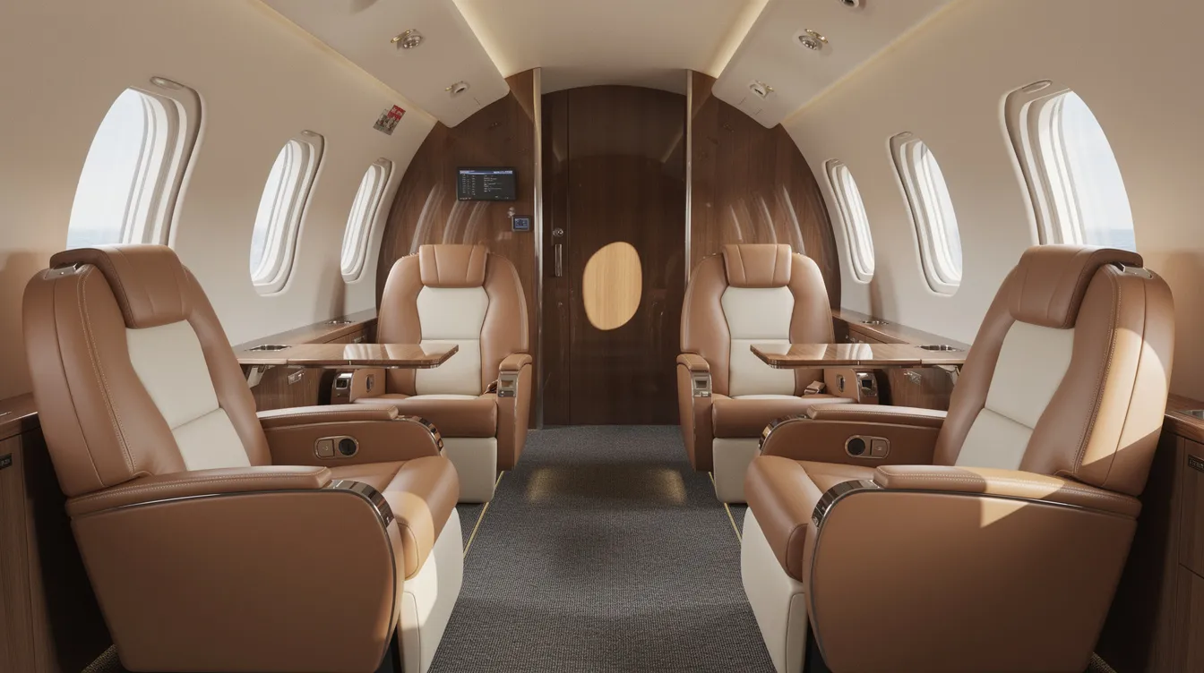 The image depicts the luxurious interior of a private jet cabin featuring club-style leather seating, with ample natural light streaming through oval windows. The spacious seats provide an inviting atmosphere for first class passengers, ensuring comfort and a sense of exclusivity during flights.