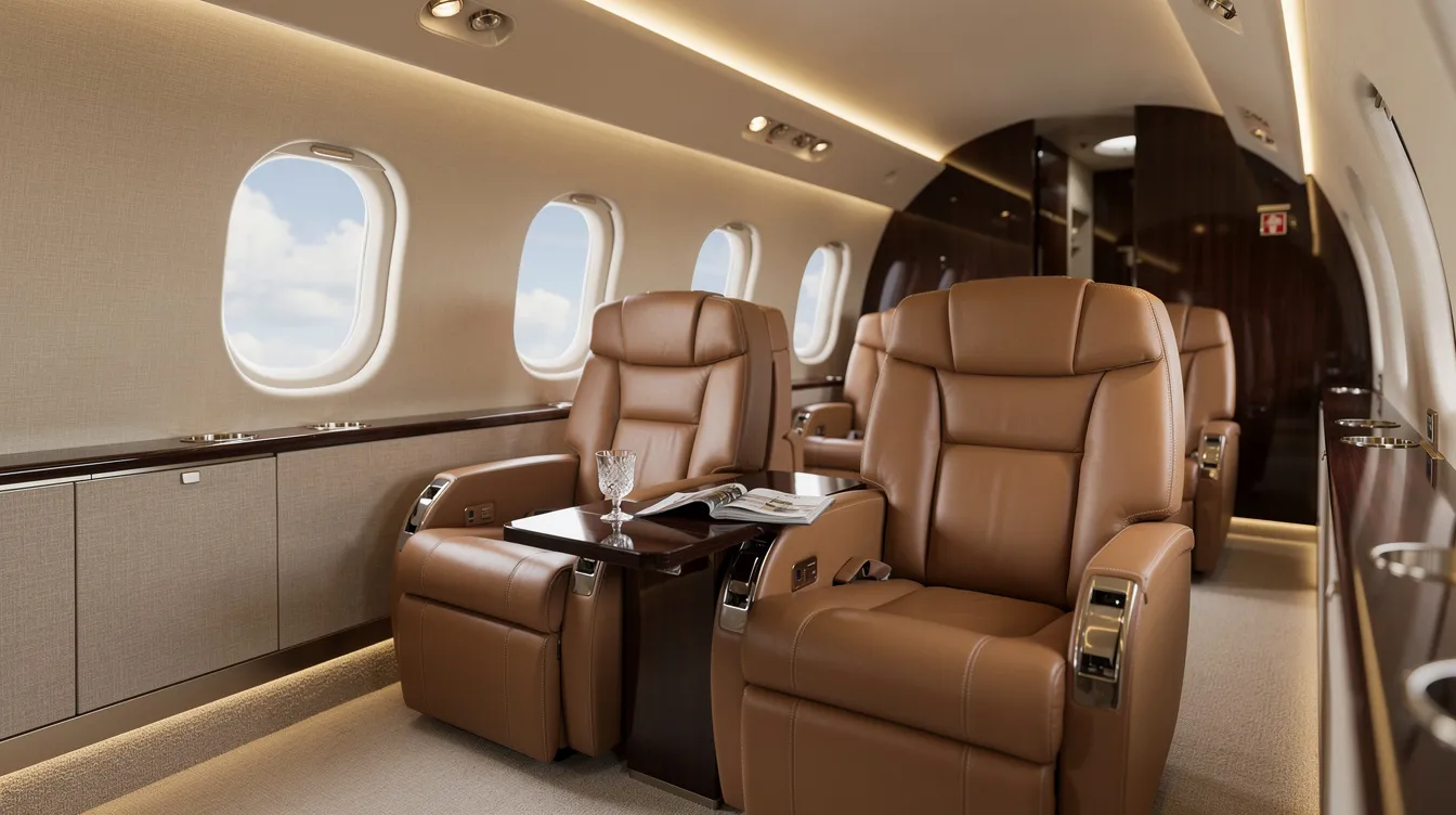 The interior of a private jet features luxurious leather club seats arranged to face each other, with a small table positioned between them, creating an intimate setting for passengers. This elegant cabin design emphasizes comfort and style, ideal for a premium travel experience.