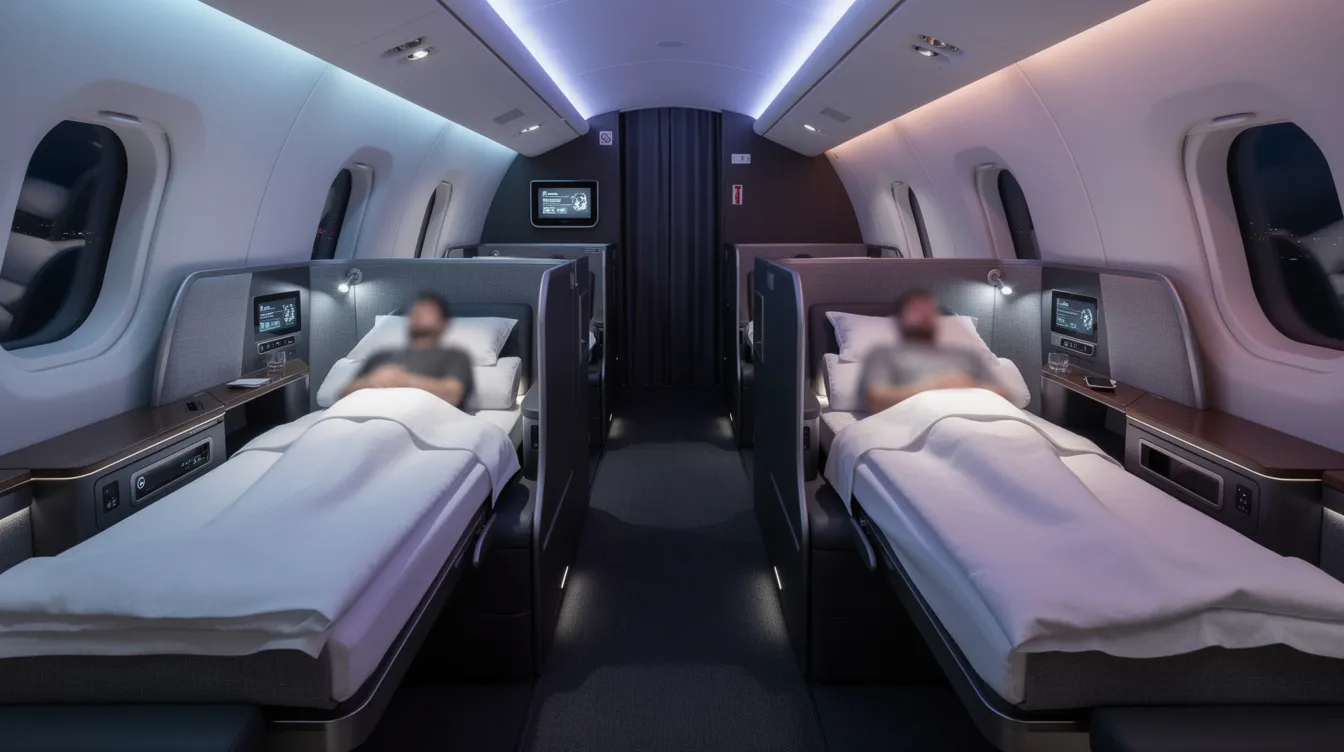 The image features business class lie-flat bed seats inside a modern commercial aircraft, showcasing ambient lighting that enhances the cabin's luxurious atmosphere. These premium seats, designed for comfort, provide ample space for passengers to relax during their flight on medium haul routes.