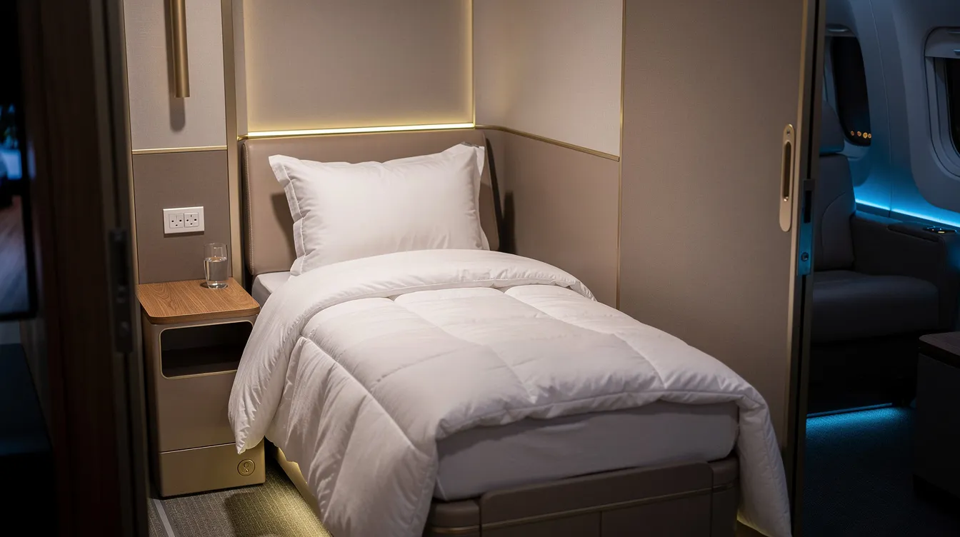A lie-flat bed in a delta first class cabin is elegantly arranged with a plush duvet and a soft pillow, while a privacy door is partially closed, providing a cozy and exclusive space for domestic first class passengers. The setup offers a premium experience, ideal for long-haul international flights or a restful journey on delta airlines.