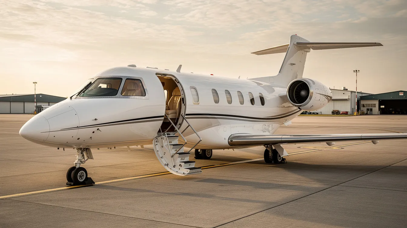A small private jet is parked on the tarmac of a quiet regional airport, with its door open and stairs extended, ready for boarding. This scene captures the essence of a premium flying experience, reminiscent of first class travel, where passengers can enjoy personalized service and comfort before their flight.