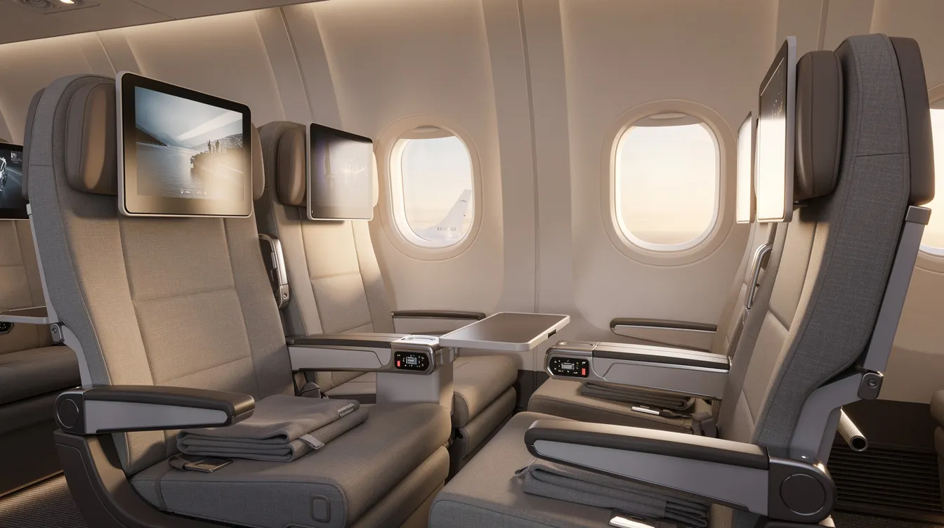 The image shows a passenger's view of spacious Delta first class seats in a premium cabin, featuring wide armrests, personal seatback screens, and direct aisle access. The luxurious seating arrangement enhances the flying experience for domestic first class passengers, highlighting the comfort and personalized service offered in Delta's first class cabin.
