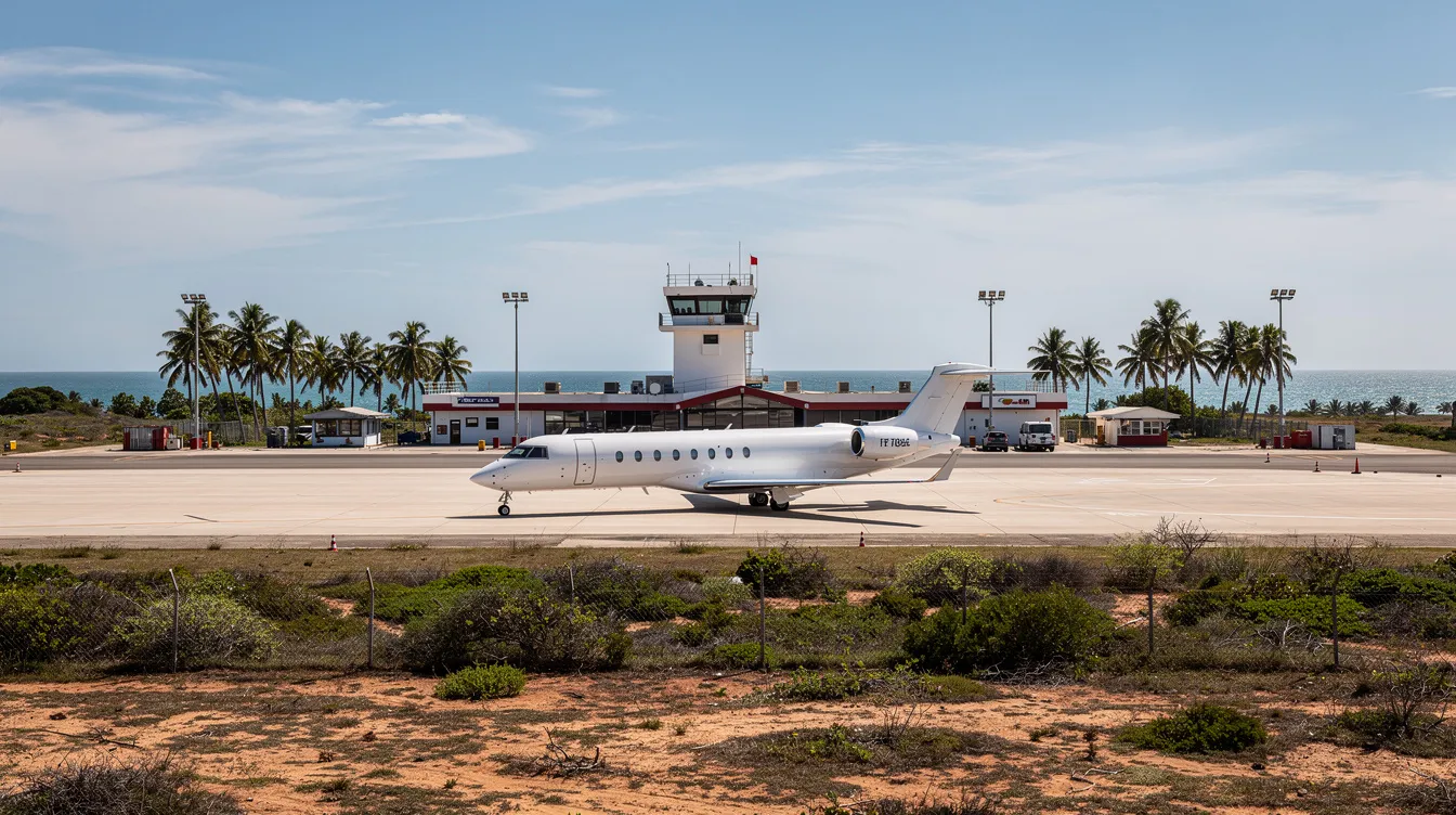 A small regional airport, likely Gulf Shores International Airport, features a private jet parked on the tarmac amidst palm trees and flat coastal terrain, creating a picturesque setting for travelers. This location serves as a hub for flights departing to various destinations, including six cities with nonstop flights.