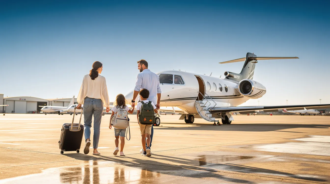 A family of four is happily walking toward a small private aircraft on a sunny airport tarmac, with a clear blue sky above them. This scene captures the excitement of travelers preparing for a trip, possibly from Gulf Shores International Airport, as they embark on their journey to various destinations.