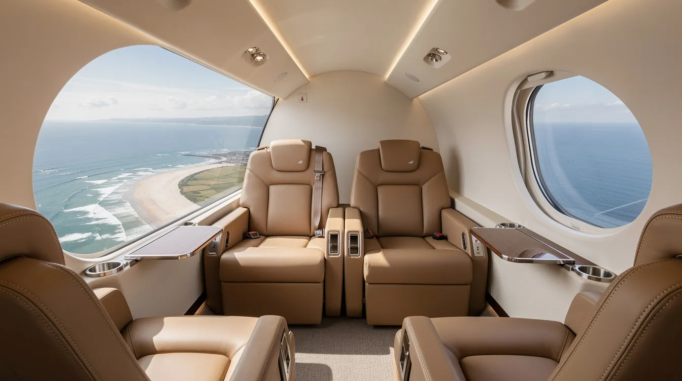 The image shows the interior of a light jet cabin featuring tan leather seats, with a window revealing a stunning coastline below, likely near Gulf Shores. This luxurious setting is perfect for travelers looking to enjoy nonstop flights from Gulf Shores International Airport to various destinations.