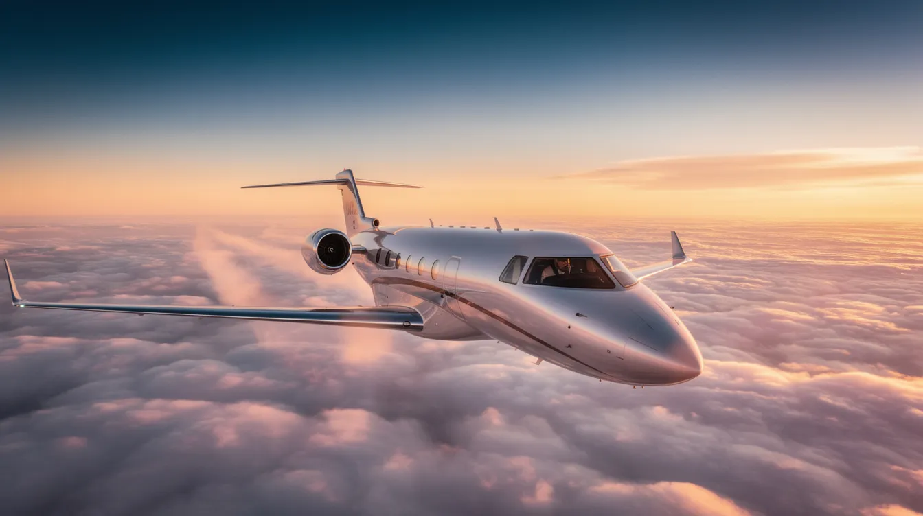 A sleek Gulfstream G700 business jet soars gracefully above a blanket of white clouds, illuminated by the warm hues of sunset. This private aircraft, designed for efficiency and comfort, features distinct living areas and a private suite, ideal for high-profile travelers and business aviation.