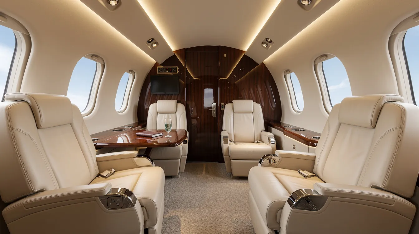 The image depicts the luxurious interior of a spacious private jet cabin, featuring cream leather seats and elegant wood paneling, typical of a high-end business jet like the Gulfstream G700. This cabin includes distinct living areas, a galley for meal preparation, and ample counter space, designed for the comfort of travelers and guests.