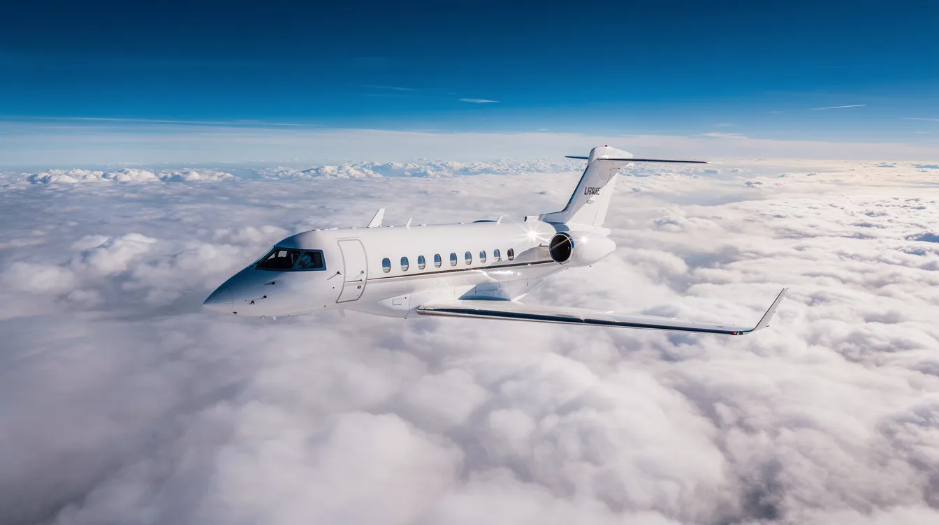 A Cessna Citation jet soars high above a blanket of clouds, with a vibrant blue sky serving as the backdrop. The aircraft, known for its cruise performance and upgraded engines, exemplifies the luxury and efficiency of midsize business jets.