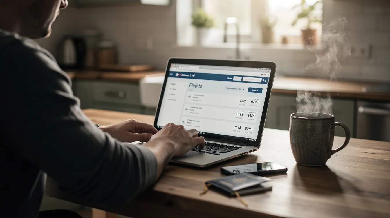 A traveler is seated at a kitchen table, intently checking flight prices on a laptop, with a passport and a cup of coffee nearby. This scene captures the essence of planning an international trip, as they search for cheap flights and compare fares to find the best deals on airline tickets.