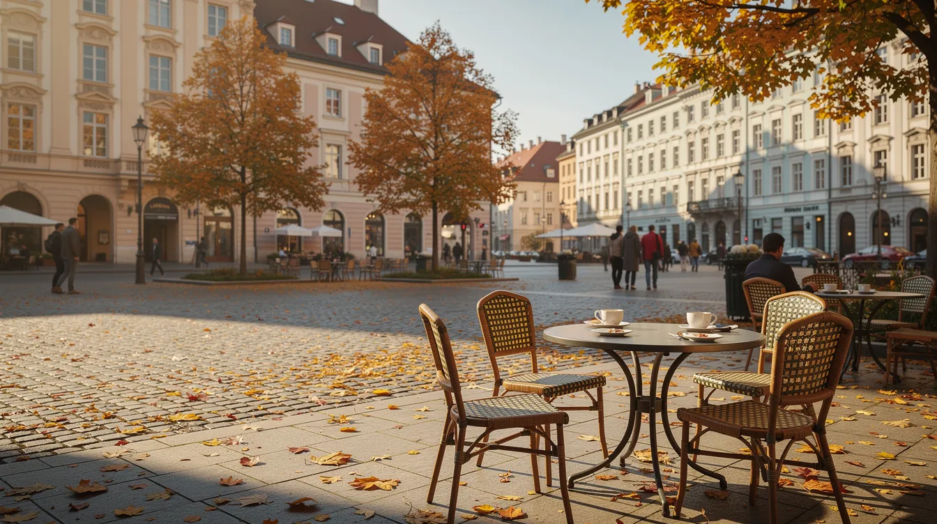 A tranquil European city square is adorned with vibrant autumn leaves, featuring outdoor café seating and only a few tourists enjoying the serene atmosphere. This picturesque scene captures the essence of a leisurely autumn day, perfect for travelers looking to explore Europe and consider booking flights for their next adventure.